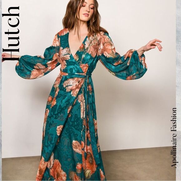 HUTCH FOR ANTHROPOLOGIE LINDIE WRAP MAXI DRESS LARGE PETITE FLORAL GREEN COMBO - Picture 5 of 9